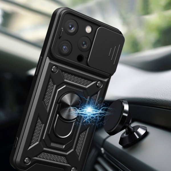 Pancerne etui z podstawką i osłoną aparatu do iPhone 15 Pro Max Hybrid Armor Camshield - niebieskie