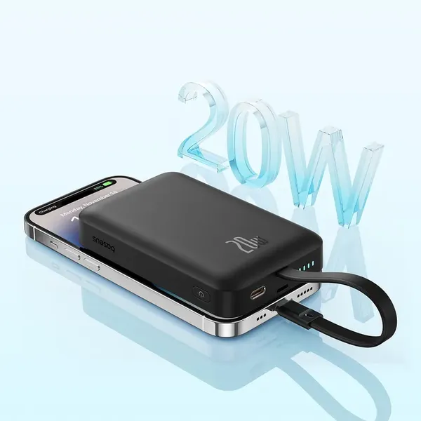 Powerbank Baseus Magnetic Mini MagSafe 10000mAh 20W z wbudowanym kablem Lightning - czarny + kabel Baseus Simple Series USB-C - 