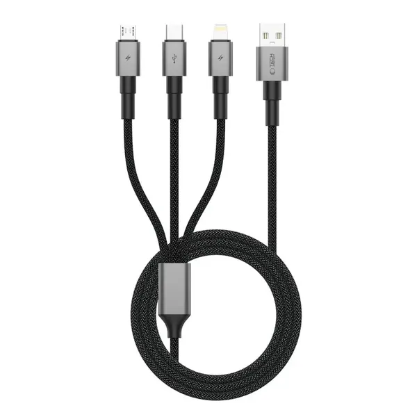 Kabel Mocny 3w1 USB-C / Micro-USB / Lightning do iPhone Samsung Xiaomi Tech-Protect 1.2m 120cm Szary