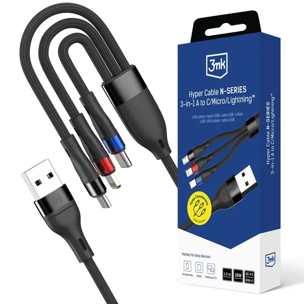 Kabel 3mk Hyper Cable N-SERIES 3 in 1 USB-A / Lightning / Micro 1.2m 9V/2A 18W - czarny