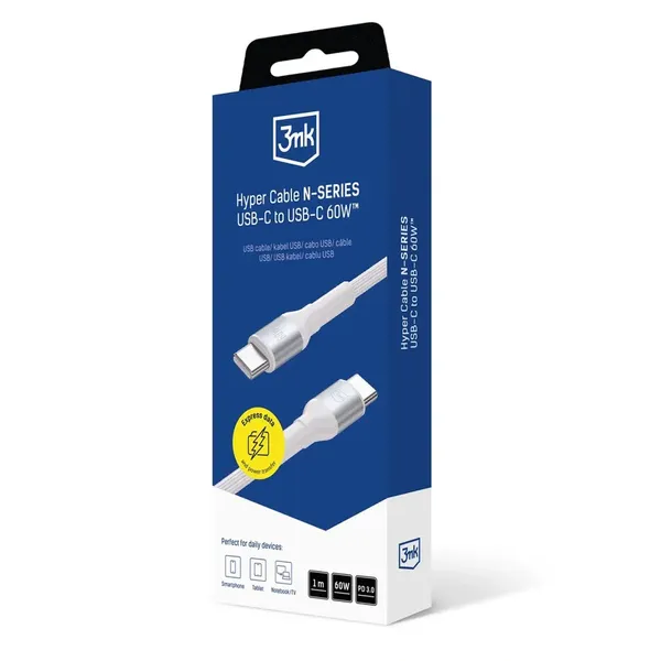 Kabel 3mk Hyper 3mk Hyper Cable N-SERIES USB-C / USB-C 1m 20V/3A 60W / biały