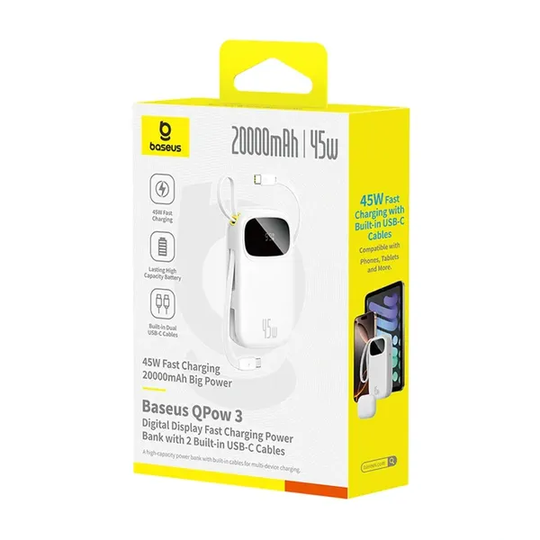 Powerbank Baseus EnerFill FC31 20000mAh 45W z wyświetlaczem cyfrowym z 2 wbudowanymi kablami USB-C - biały