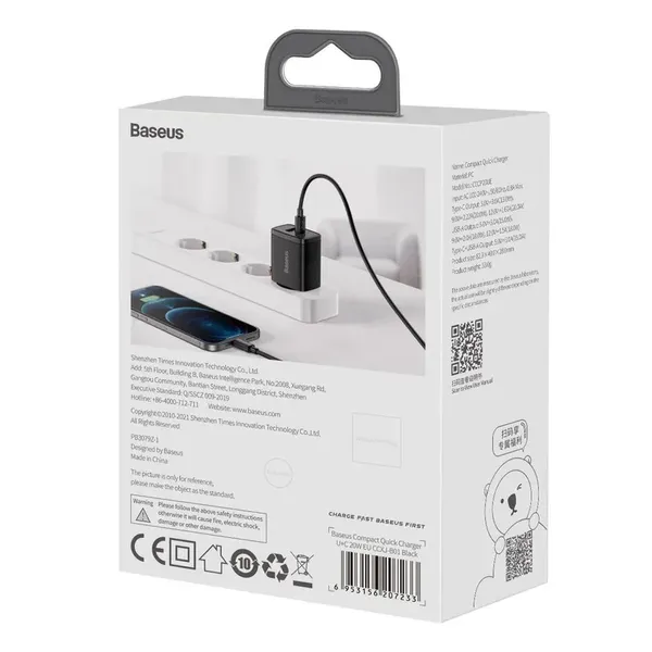 Baseus Compact szybka ładowarka sieciowa USB / USB Typ C 20W 3A Power Delivery Quick Charge 3.0 czarny (CCXJ-B01)