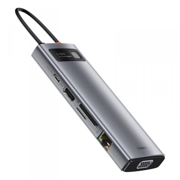 HUB Baseus Metal Gleam 9w1 USB-C - 3x USB 3.2 Gen 1 / USB-C PD 100W / VGA / HDMI / czytnik kart TF, SD / RJ45 - szary (CAHUB-CU0