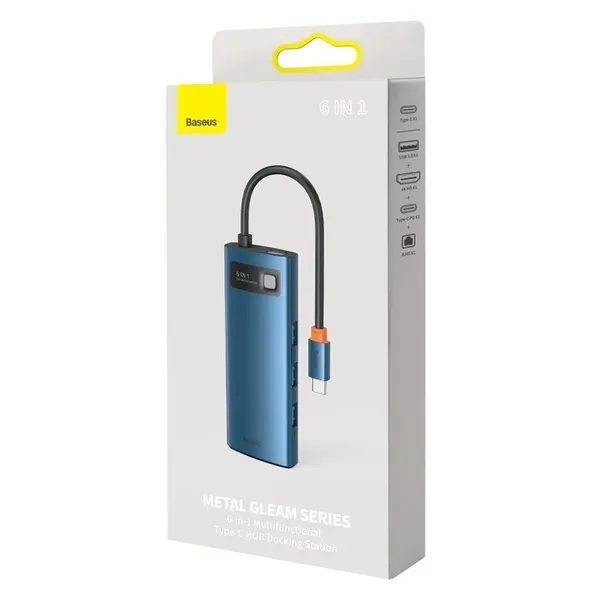 HUB 6w1 Baseus Metal Gleam USB-C - USB-C PD 100W / HDMI / 3x USB-A 3.2 / RJ45 - niebieski