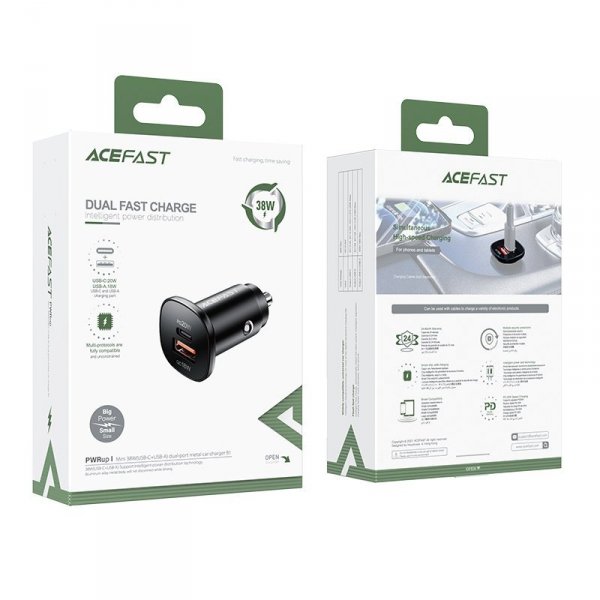 Acefast ładowarka samochodowa 38W USB Typ C / USB, PPS, Power Delivery, Quick Charge 3.0, AFC, FCP czarny (B1 black)