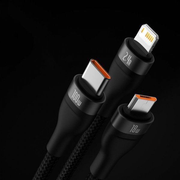 Baseus Flash Series II kabel USB - USB Typ C / Lightning / micro USB 100 W 1,2 m czarny (CASS030001)