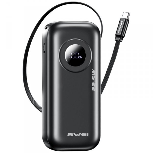 AWEI PowerBank PA-9 10000mAh 22.5W       z wyciąganym kablem czarny/black