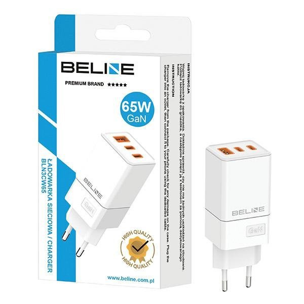 Beline Ładowarka sieciowa 2x USB-C + 1x USB 65Wbiały/white (only head) PD 3.0 + QC 3.0  BLN3CW65 GaN