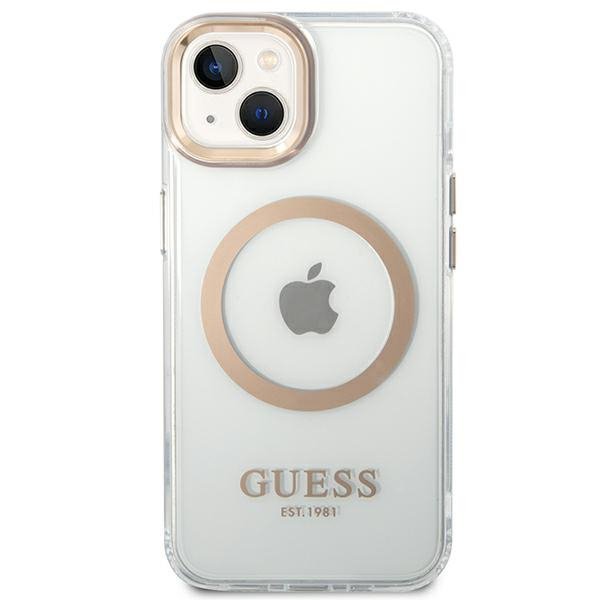 Guess GUHMP14SHTRMD iPhone 14 / 15 / 13 6.1&quot; złoty/gold hard case Metal Outline Magsafe
