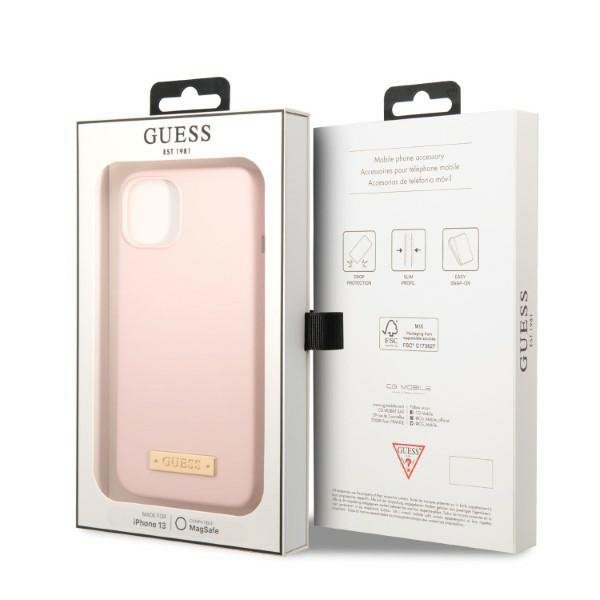 Guess GUHMP13MSBPLP iPhone 13 / 14 / 15 6.1&quot; różowy/pink hard case Silicone Logo Plate MagSafe