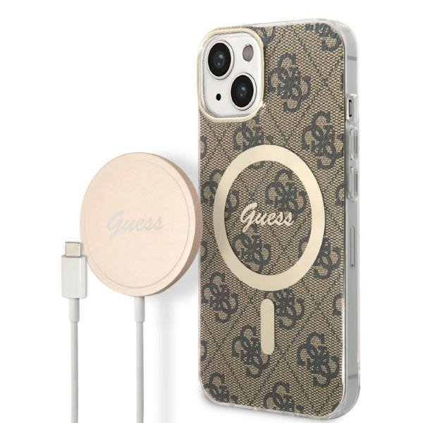 Zestaw Guess GUBPP14MH4EACSW Case+ Charger iPhone 14 Plus / 15 Plus 6.7&quot; brązowy/brown hard case 4G Print MagSafe
