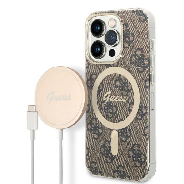 Zestaw Guess GUBPP14LH4EACSW Case+ Charger iPhone 14 Pro 6,1&quot; brązowy/brown hard case 4G Print MagSafe