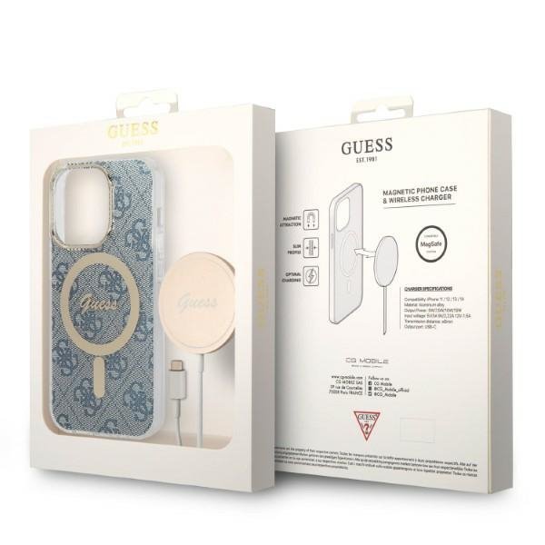Zestaw Guess GUBPP14XH4EACSB Case+ Charger iPhone 14 Pro Max 6,7&quot; niebieski/blue hard case 4G Print MagSafe