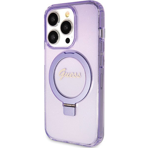 Guess GUHMP15LHRSGSU iPhone 15 Pro 6.1&quot; fioletowy/purple hardcase Ring Stand Script Glitter MagSafe
