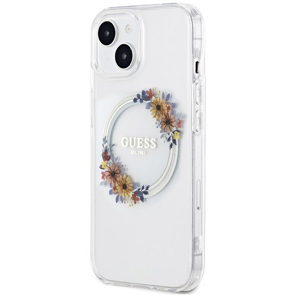 Guess GUHMP15SHFWFCT iPhone 15 / 14 / 13 6.1&quot; transparent hardcase IML Flowers Wreatch MagSafe