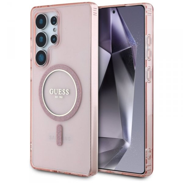Etui Guess Glitter Circle Classic Logo   MagSafe do Samsung Galaxy S25 Ultra różowy