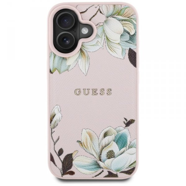Etui Guess Grained Printed Flower        Pattern MagSafe do iPhone 16 różowy