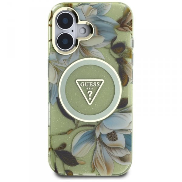 Etui Guess Glitter Flowers Triangle      Buttons MagSafe do iPhone 16 zielony