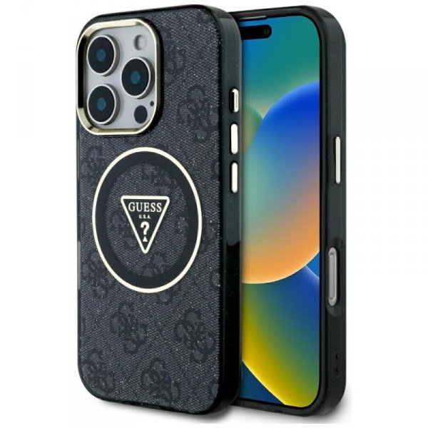 Etui Guess IML Metal Glitter 4G Circle   Triangle MagSafe do iPhone 16 Pro czarny