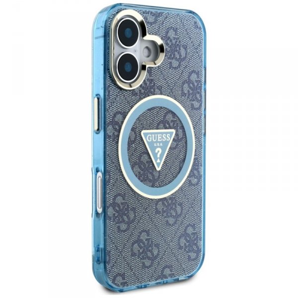 Etui Guess IML Metal Glitter 4G Circle   Triangle MagSafe do iPhone 16 niebieski