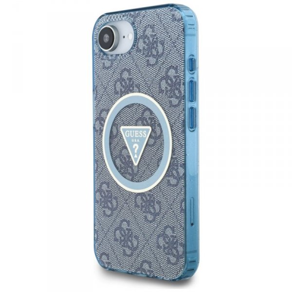 Etui Guess IML Metal Glitter 4G Circle Triangle MagSafe do iPhone 16e niebieski