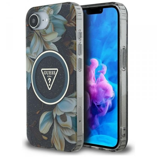 Etui Guess IML Metal Glitter Flowers     Triangle MagSafe do iPhone 16e czarny