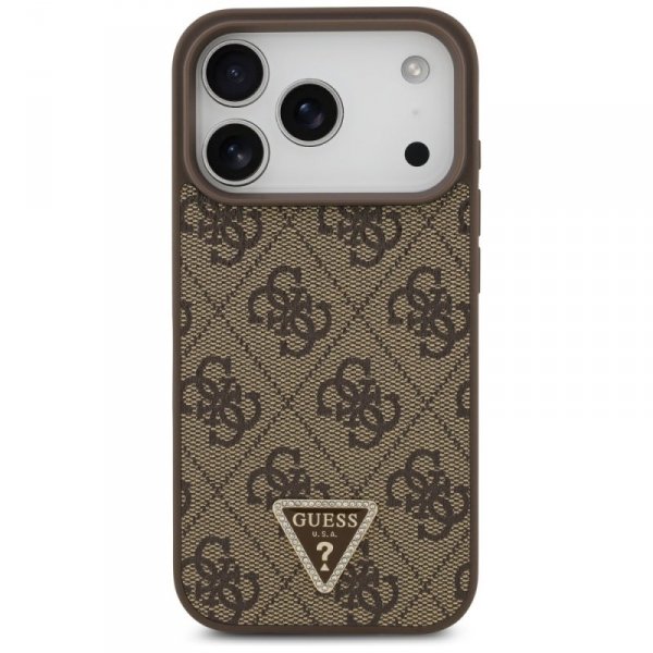 Etui Guess Leather 4G Triangle Strass    MagSafe do iPhone 17 Pro brązowy