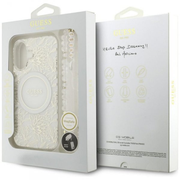 Etui Guess IML Flowers Electro Pearl     Strap MagSafe do iPhone 17 biały