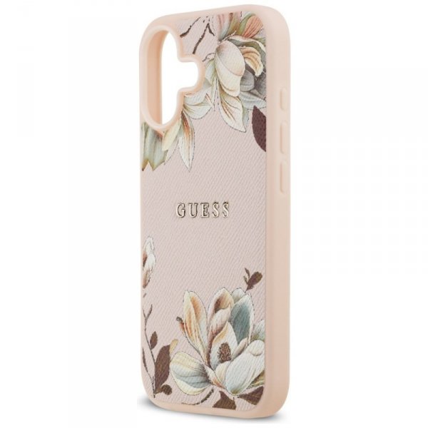 Etui Guess Grained Flowers Classic Logo  MagSafe do iPhone 17 różowy