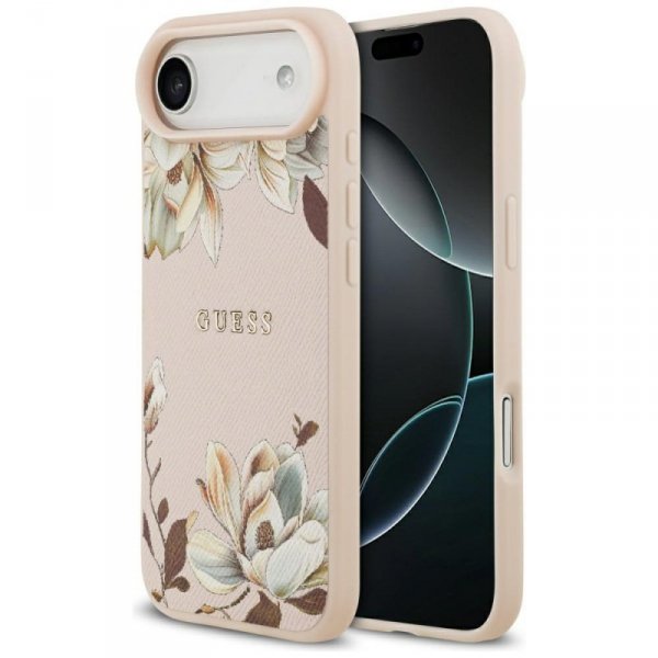 Etui Guess Grained Flowers Classic Logo  MagSafe do iPhone Air różowy