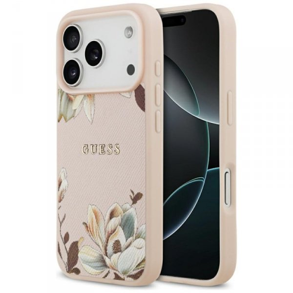 Etui Guess Grained Flowers Classic Logo  MagSafe do iPhone 17 Pro różowy