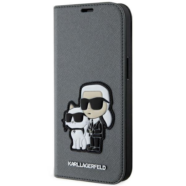 Karl Lagerfeld KLBKP14SSANKCPG iPhone 14 / 15 / 13 6.1&quot; bookcase srebrny/silver Saffiano Karl & Choupette