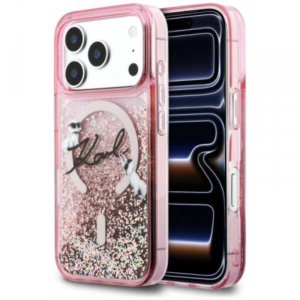 Etui Karl Lagerfeld Liquid Glitter Karl  Script Logo MagSafe do iPhone 17 Pro różowy
