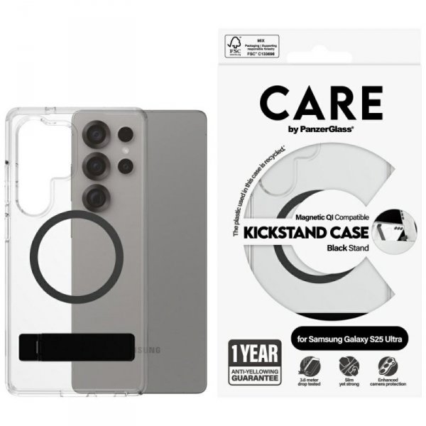 Etui CARE by PanzerGlass Feature Black   Kickstand & QI do Samsung Galaxy S25 Ultra przezroczysty