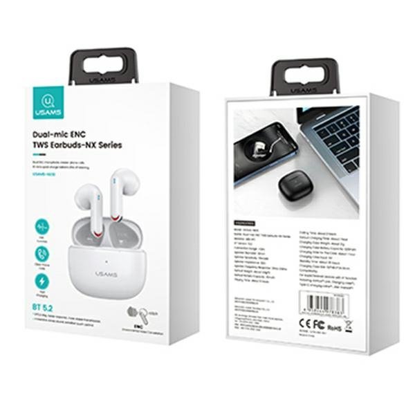 USAMS Słuchawki Bluetooth 5.2 TWS NX10 Series Dual mic bezprzewodowe biały/white BHUNX02