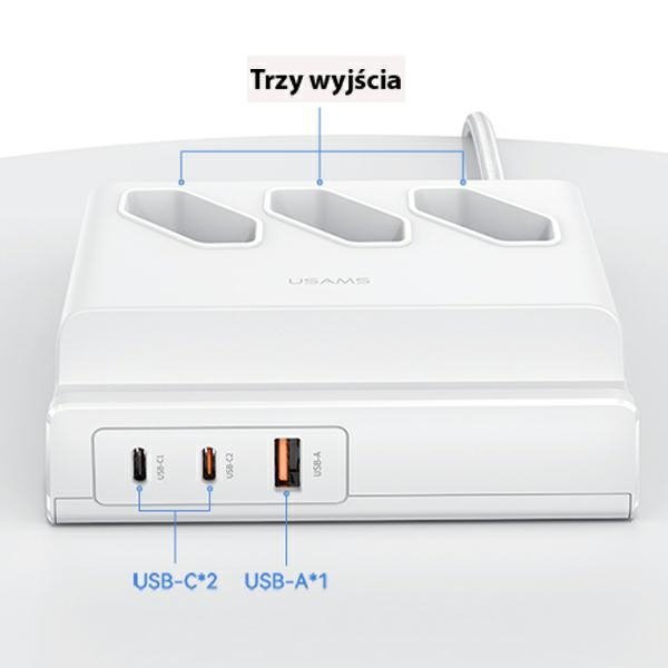 USAMS Listwa zasilająca 65W Super SiFast Charging USB Extension Socket EU biały/white CC160TC01 (US-CC160)