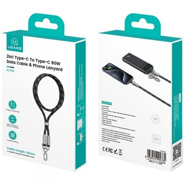 Smycz do telefonu z kablem do ładowania  Usams SJ745 60W USB-C do USB-C 1.2m czarny