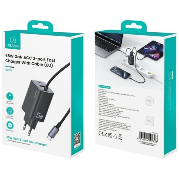 Ładowarka sieciowa USAMS JC Series CC266 65W GaN Fast Charger 2xUSB-C 1xUSB-A biały