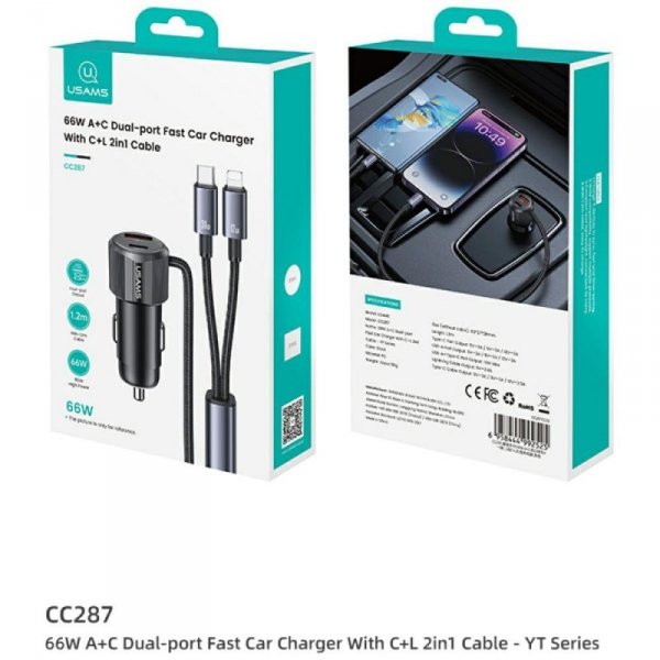 Ładowarka samochodowa USAMS YT Series    CC287 66W 1xUSB-A 1xUSB-C + kabel 2w1 USB-C/Lightning tarnish