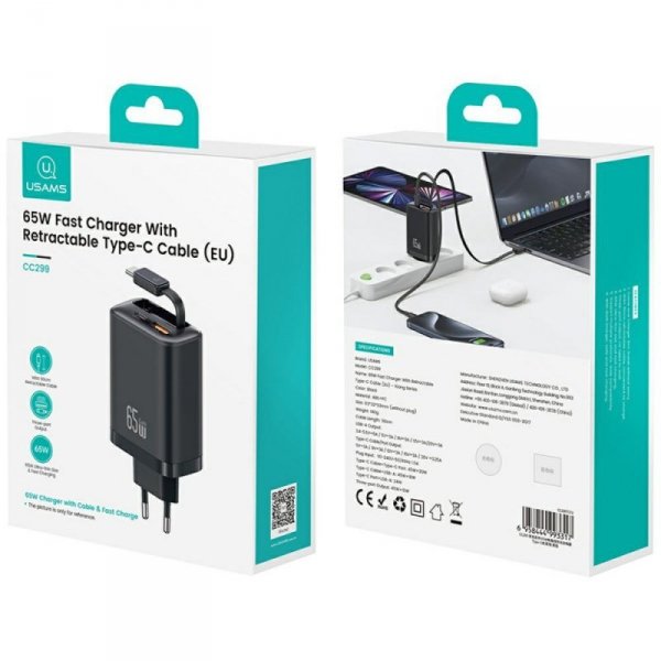 Ładowarka sieciowa USAMS Xiang Series    CC299 65W 1xUSB-C 1xUSB-A + kabel USB-C czarny