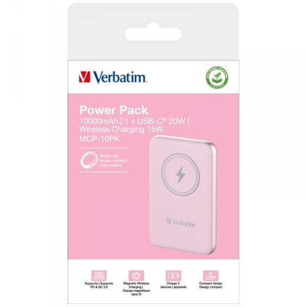 Verbatim Powerbank indukcyjny `n` Go 15W10000mAh Wireless Magnetic różowy/pink 32248