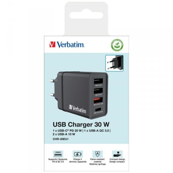 Verbatim Ładowarka sieciowa 30W 3xUSB-A/USB-C PD 3.0 CHR-30EU2 czarny/black 49700