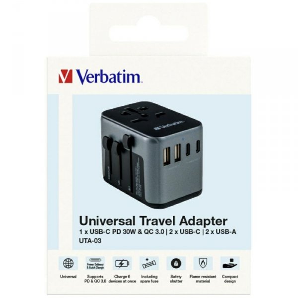 Verbatim Adapter podróżny EU/UK/US2xUSB-A/2xUSB-C PD 30W UTA-03 czarny/black 49545