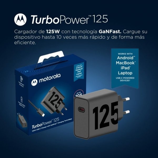 Ładowarka Sieciowa Motorola Wall Charger TurboPower 125W GaN USB-A w/ 1m USB-C, Black