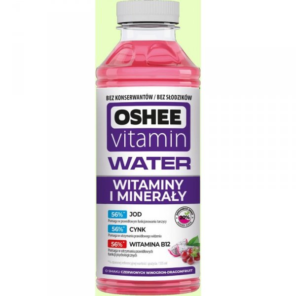 Napój OSHEE VITAMIN WATER Witaminy i Minerały o smaku czerwonych winogron/dragonfruit 555ml z kaucją