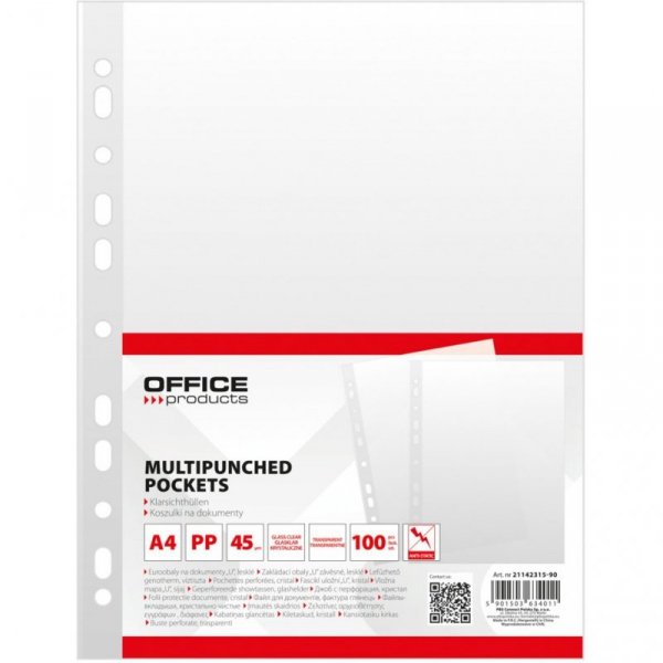 Koszulki krystaliczne na dokumenty PP A4 45mikr. (100szt.) 21142315-90 OFFICE PRODUCTS