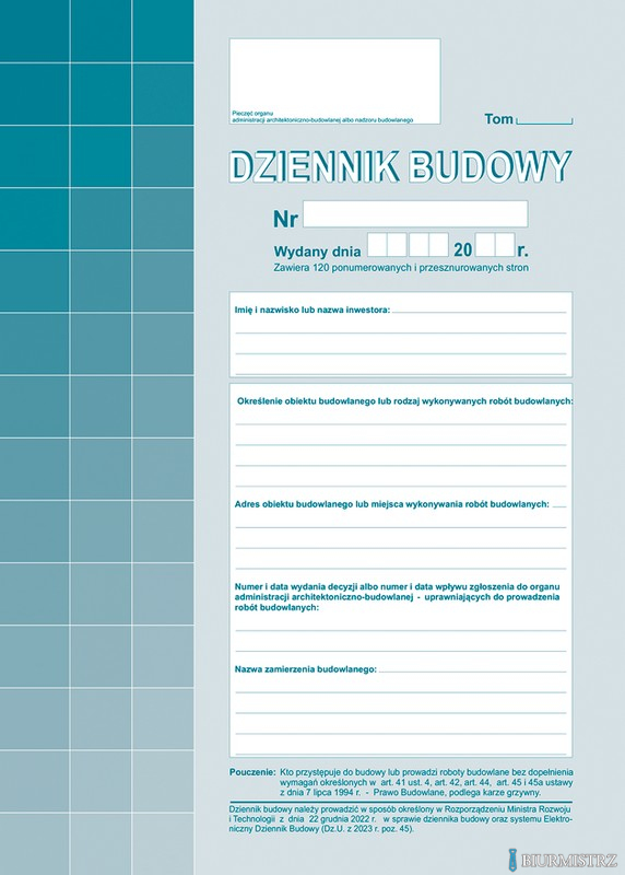 Dziennik budowy 120stron A4  603-2Z Michalczyk i Prokop