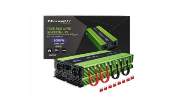 Qoltec Przetwornica napięcia Monolith ładowanie baterii UPS 2500W 5000W 12V na 230V Czysty Sinus LCD