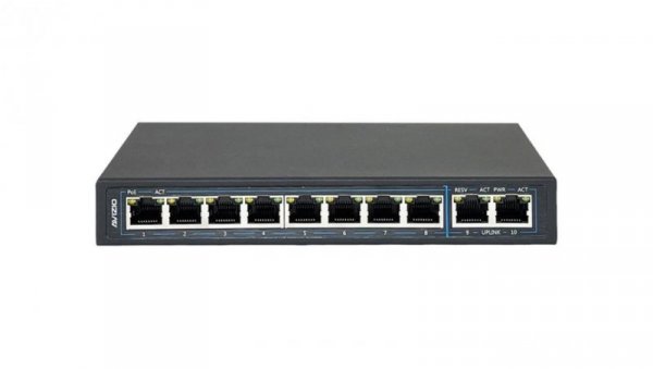 Switch PoE Desktop 10x port RJ45 (Gigabit Ethernet 1000Mb/s, w tym 8x PoE+ i 2x Uplink) przełącznik niezarządzalny AVIZIO